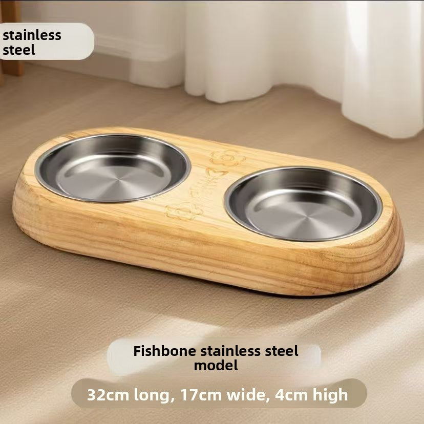 Stainless Steel Pet Bowl with Wood Base