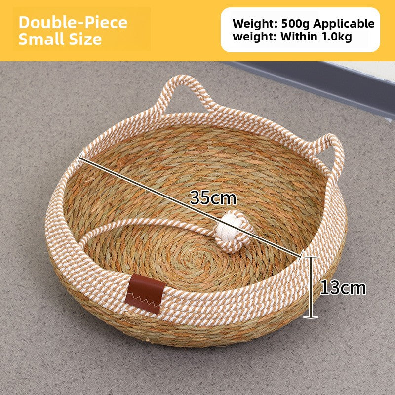 Handwoven Rattan Pet Bed Cat Nest Scratch Pad Durable Grass Cotton Linen