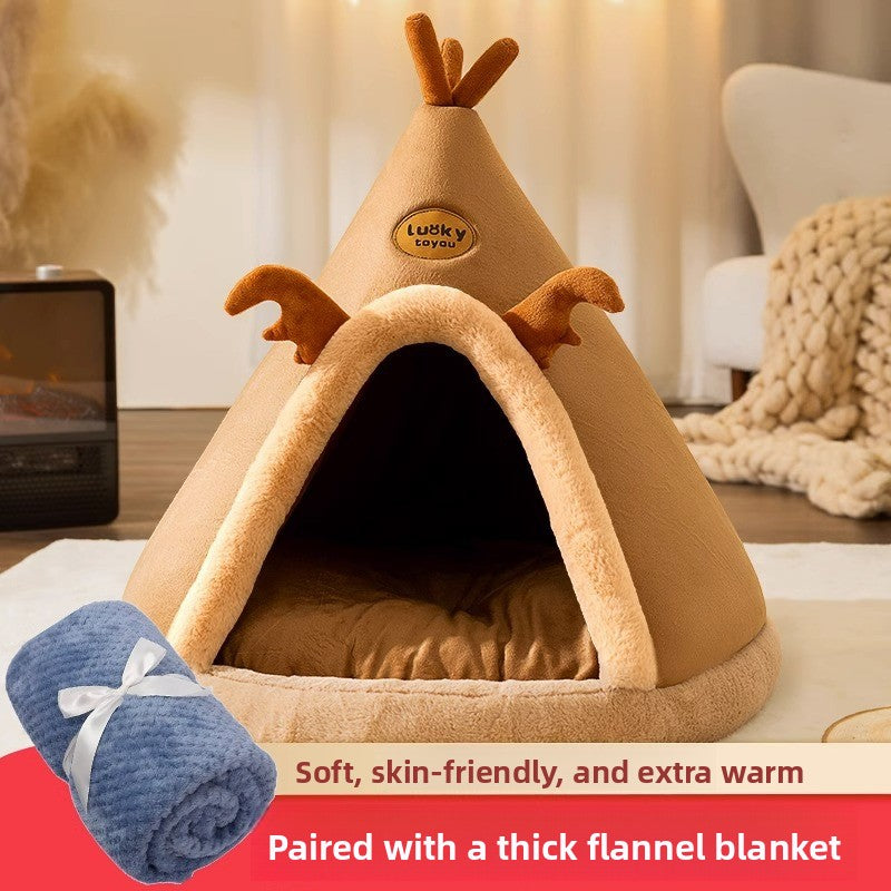 Autumn Winter Cat Tent Yurt Style Pet Kennel with Blanket