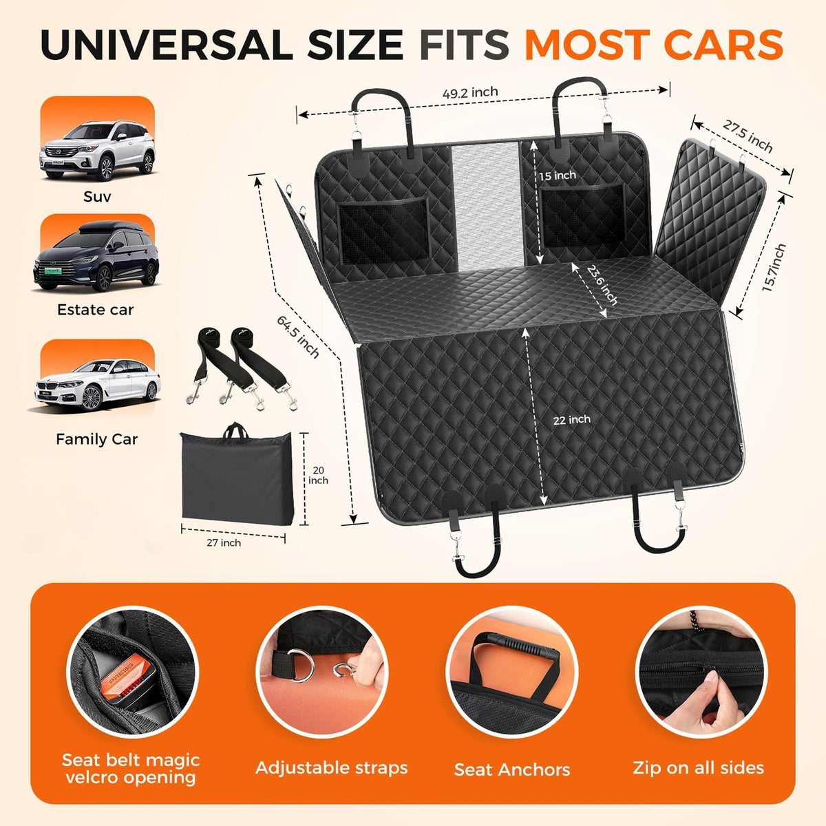 Waterproof Pet Car Seat Cover with Storage Bag