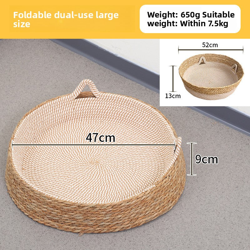 Handwoven Rattan Pet Bed Cat Nest Scratch Pad Durable Grass Cotton Linen