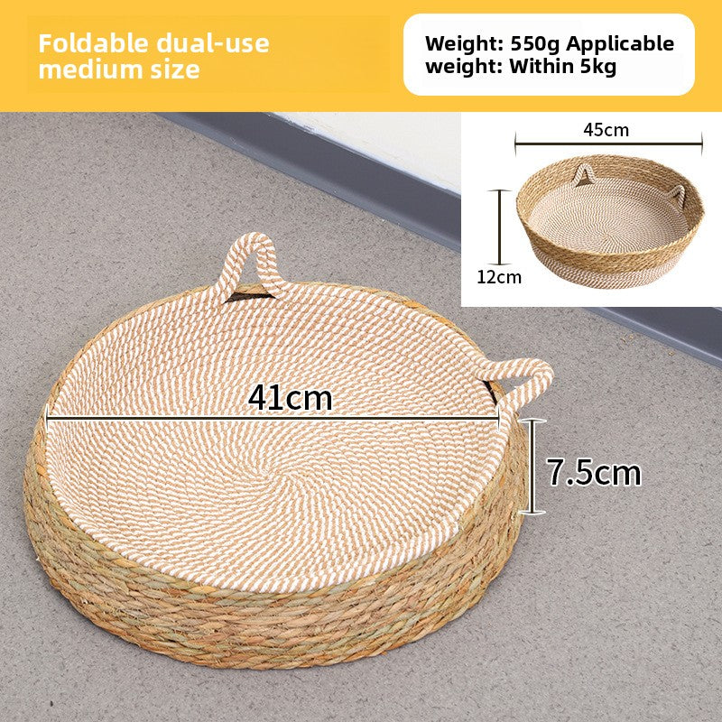 Handwoven Rattan Pet Bed Cat Nest Scratch Pad Durable Grass Cotton Linen