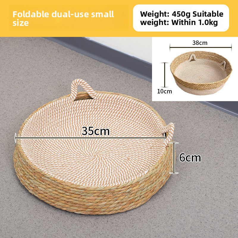 Handwoven Rattan Pet Bed Cat Nest Scratch Pad Durable Grass Cotton Linen