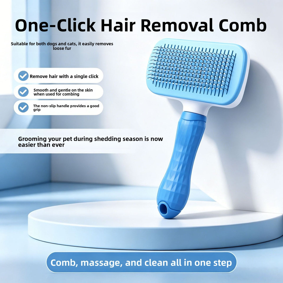 Soft Pin Pet Grooming Comb with One-Touch Hair Removal for Cats and Dogs