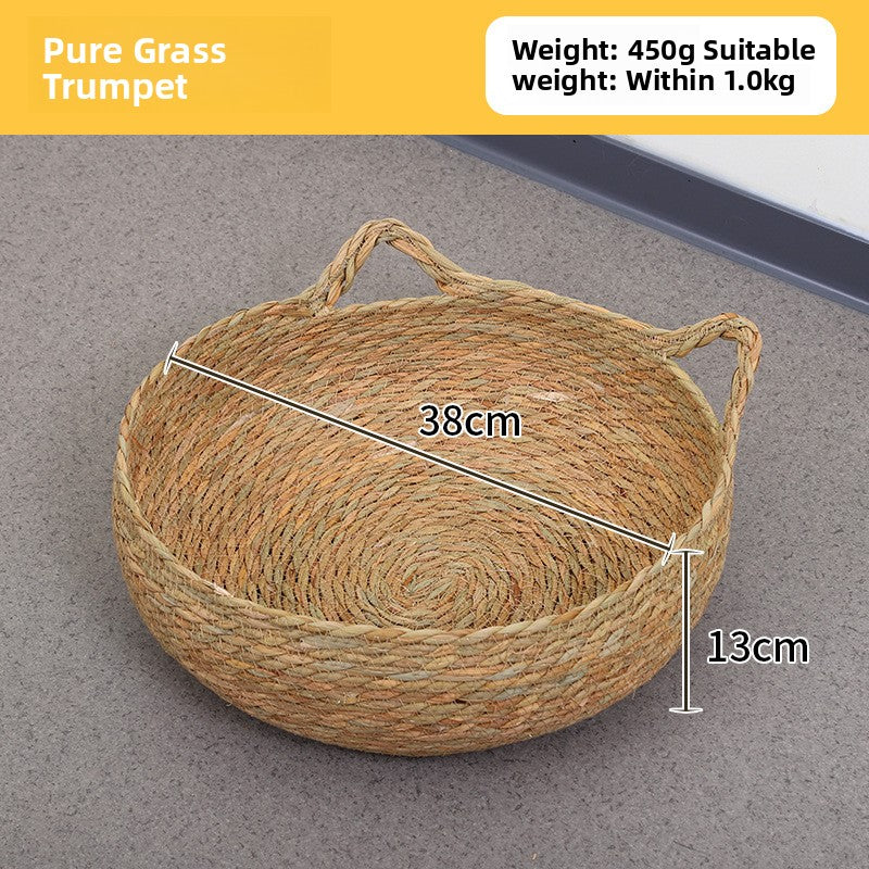 Handwoven Rattan Pet Bed Cat Nest Scratch Pad Durable Grass Cotton Linen