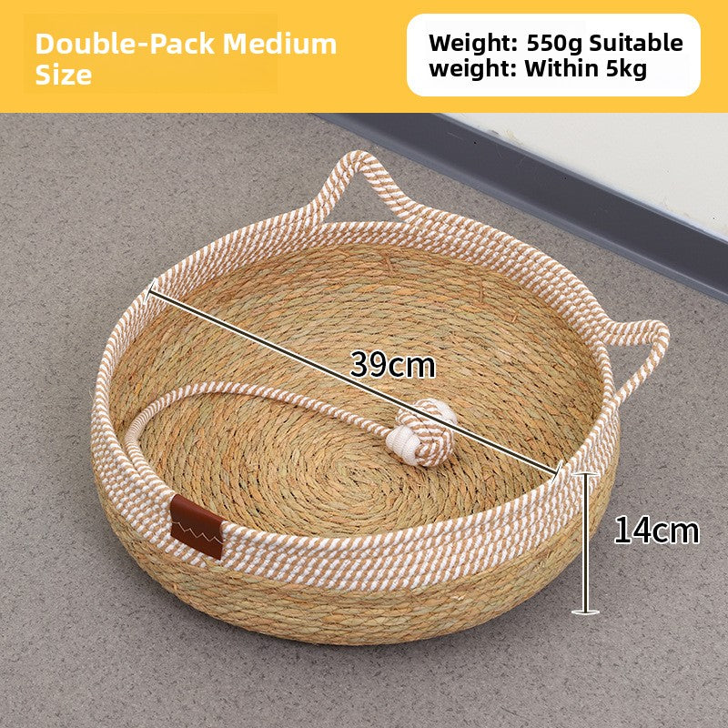 Handwoven Rattan Pet Bed Cat Nest Scratch Pad Durable Grass Cotton Linen