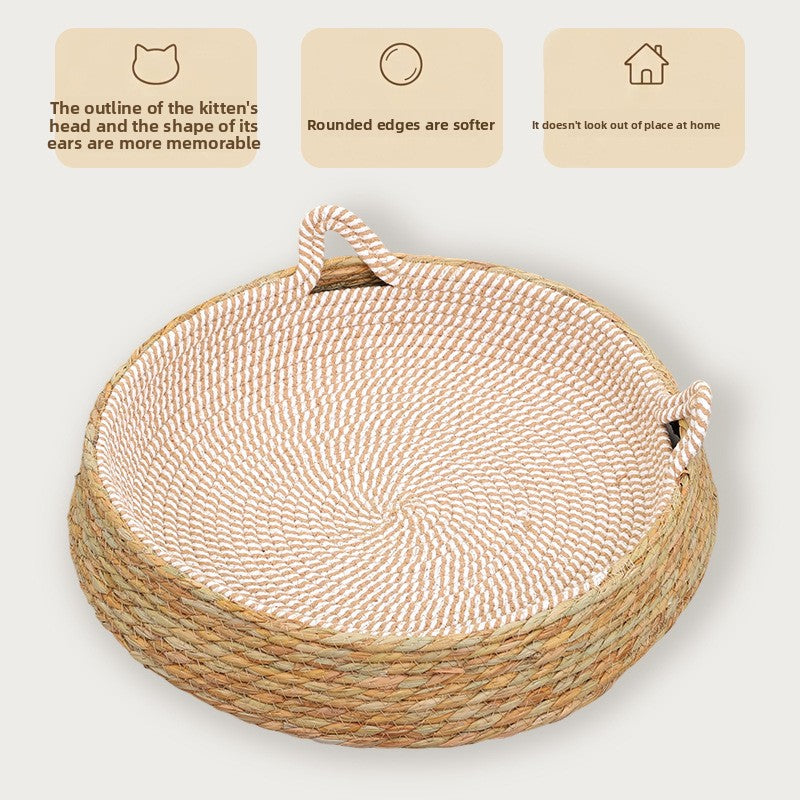 Handwoven Rattan Pet Bed Cat Nest Scratch Pad Durable Grass Cotton Linen