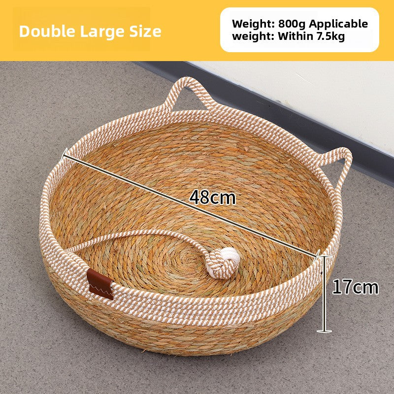 Handwoven Rattan Pet Bed Cat Nest Scratch Pad Durable Grass Cotton Linen