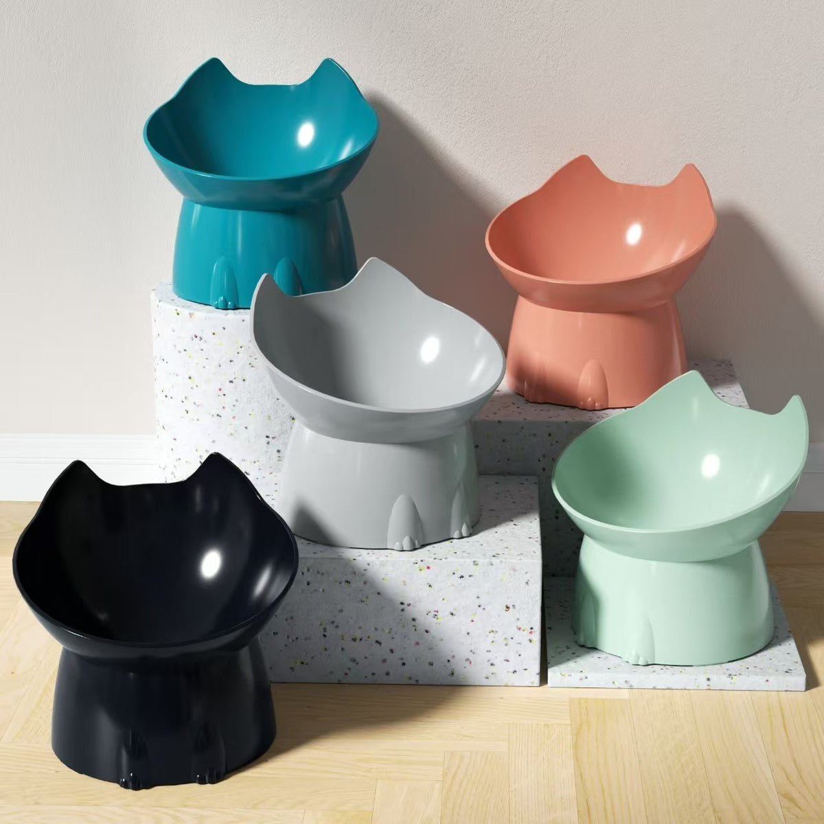 long-ear tall cat bowl large capacity tilt cartoon cat and dog neck protection anti-knock plastic raised pet bowl